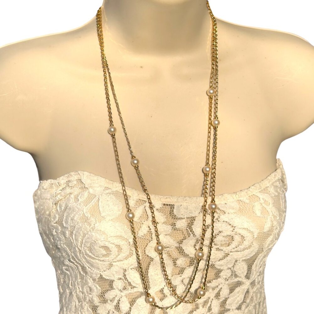 Napier Gold-Tone Double-Strand Chain  Necklace With Faux Pearl Accents- Vintage - Picture 4 of 7